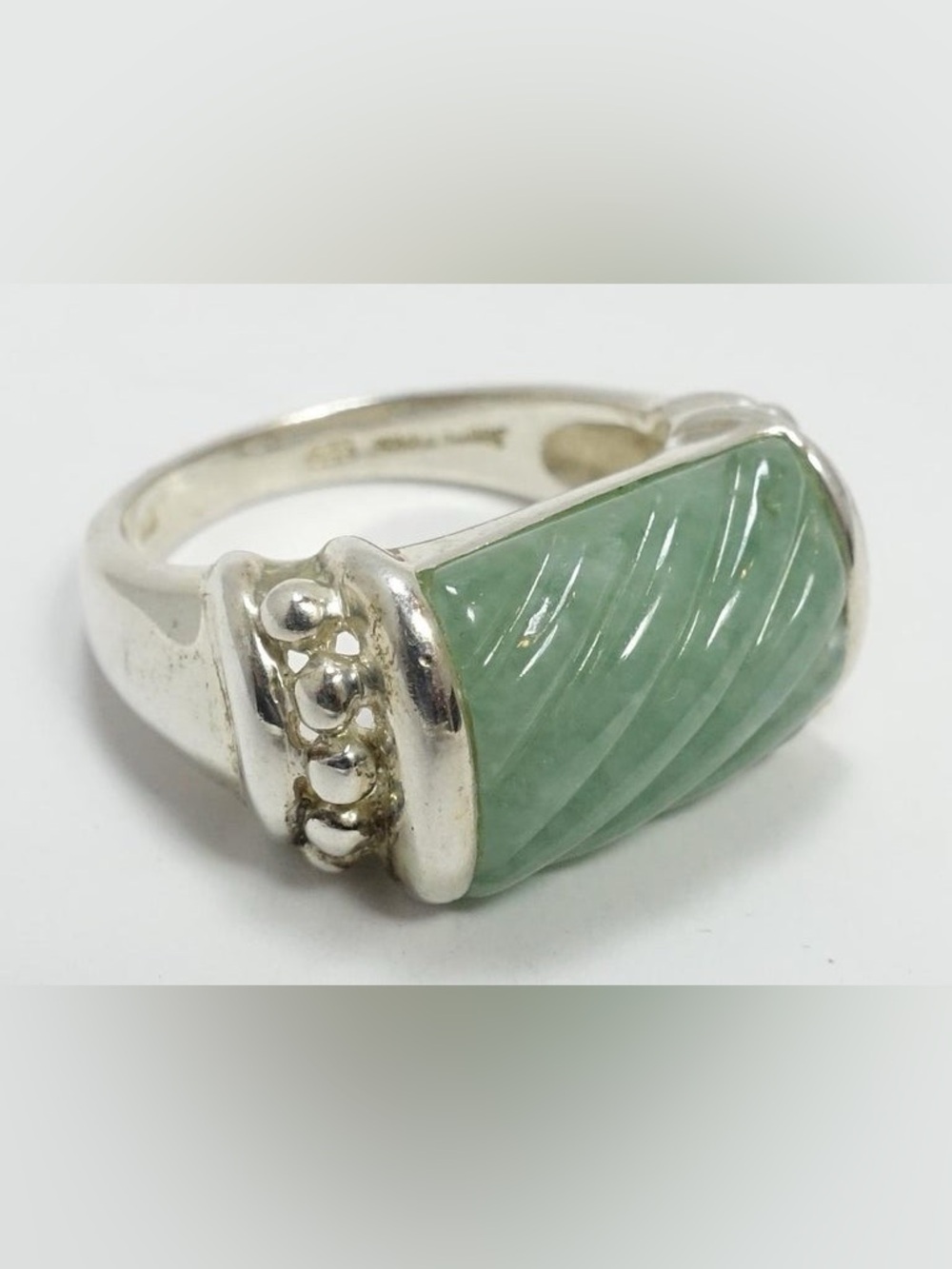 Judith Ripka Sterling Silver Green Jade Carved Band Ring